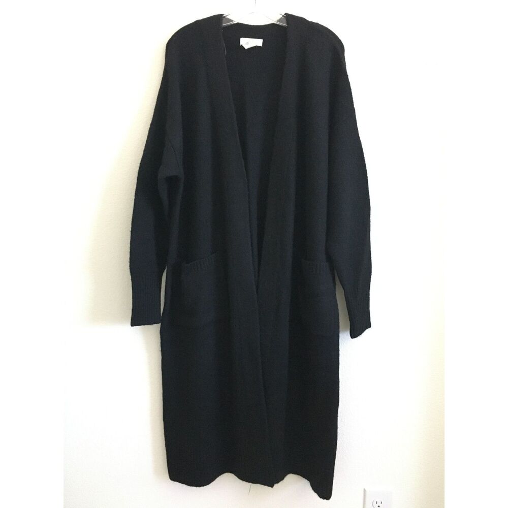 H&M Black Wool Blend Longline Open Front Cardigan Sweater Pockets Size M